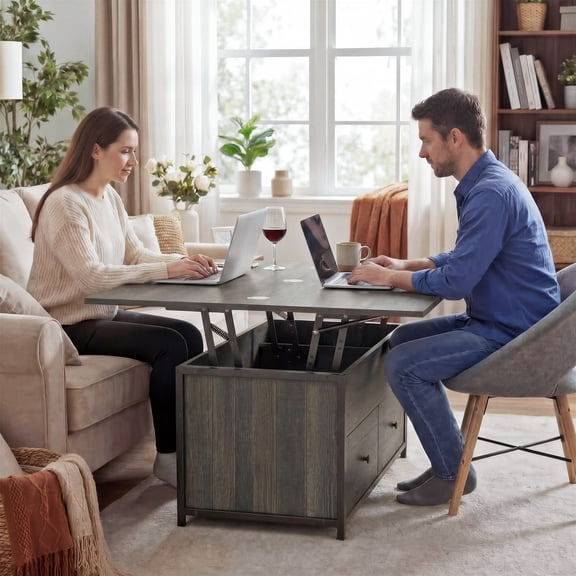 Manxile Lift Top Coffee Table with 2 drawers, 4 in 1 Multi-Function Wooden Convertible Center Table with Storage for Living Room