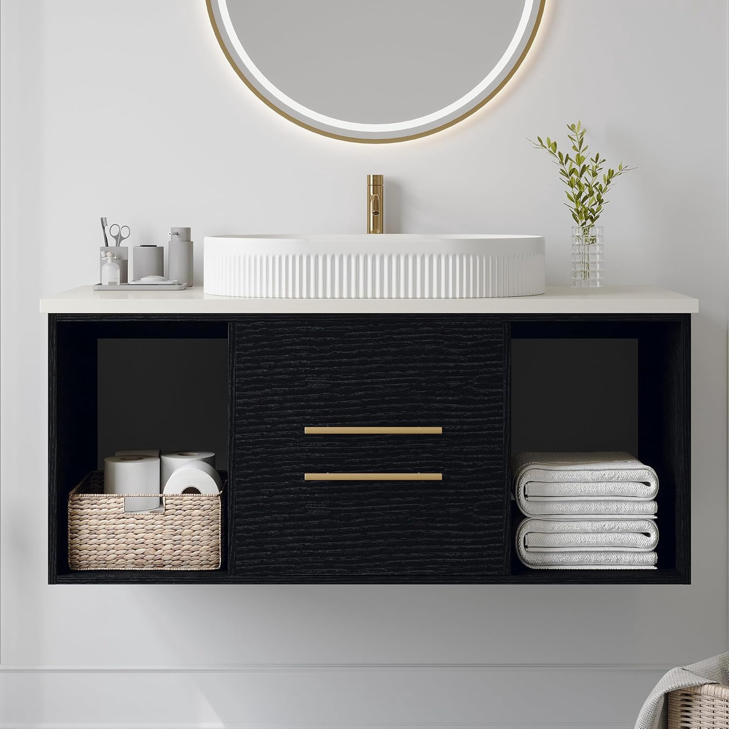 39.4'' Modern Floating Bathroom Vanity with Counter Top Sink Combo, Wall Mounted Bathroom Cabinet with Oval Ceramic Sink, 2 Soft Closing Drawers & Open Storage Shelf, Black