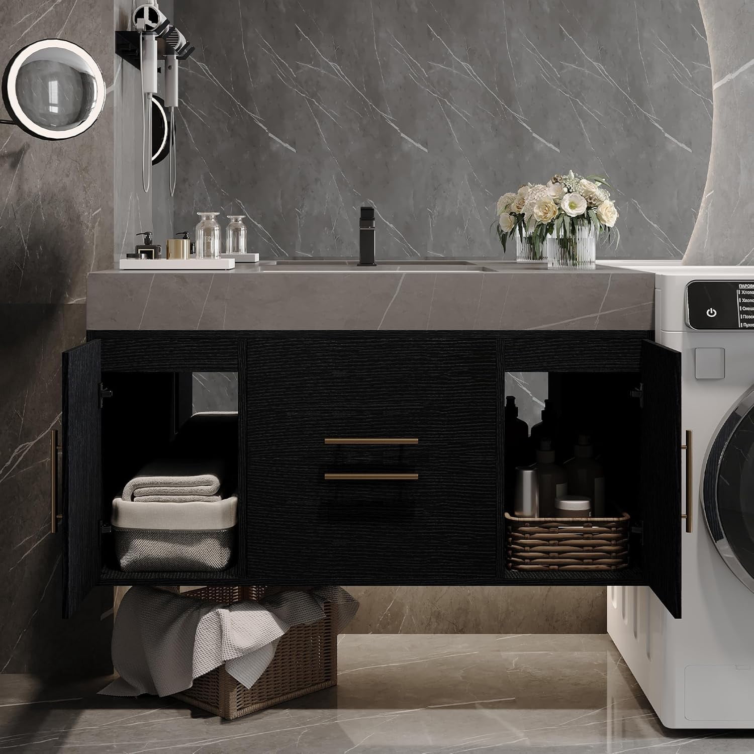 39.4" Modern Floating Bathroom Vanity with Sink, Wall Mounted Bathroom Cabinet with Ceramic Sink, Grey Sintered Stone Countertop, 2 Soft Closing Drawers & 2 Storage Cabinet, Gold Handle, Black+ Gray
