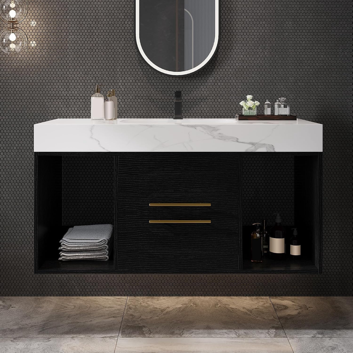 39.4" Modern Floating Bathroom Vanity with Sink, Wall Mounted Bathroom Cabinet with Ceramic Sink, Sintered Stone Countertop, 2 Soft Closing Drawers & Open Storage Shelf, Black