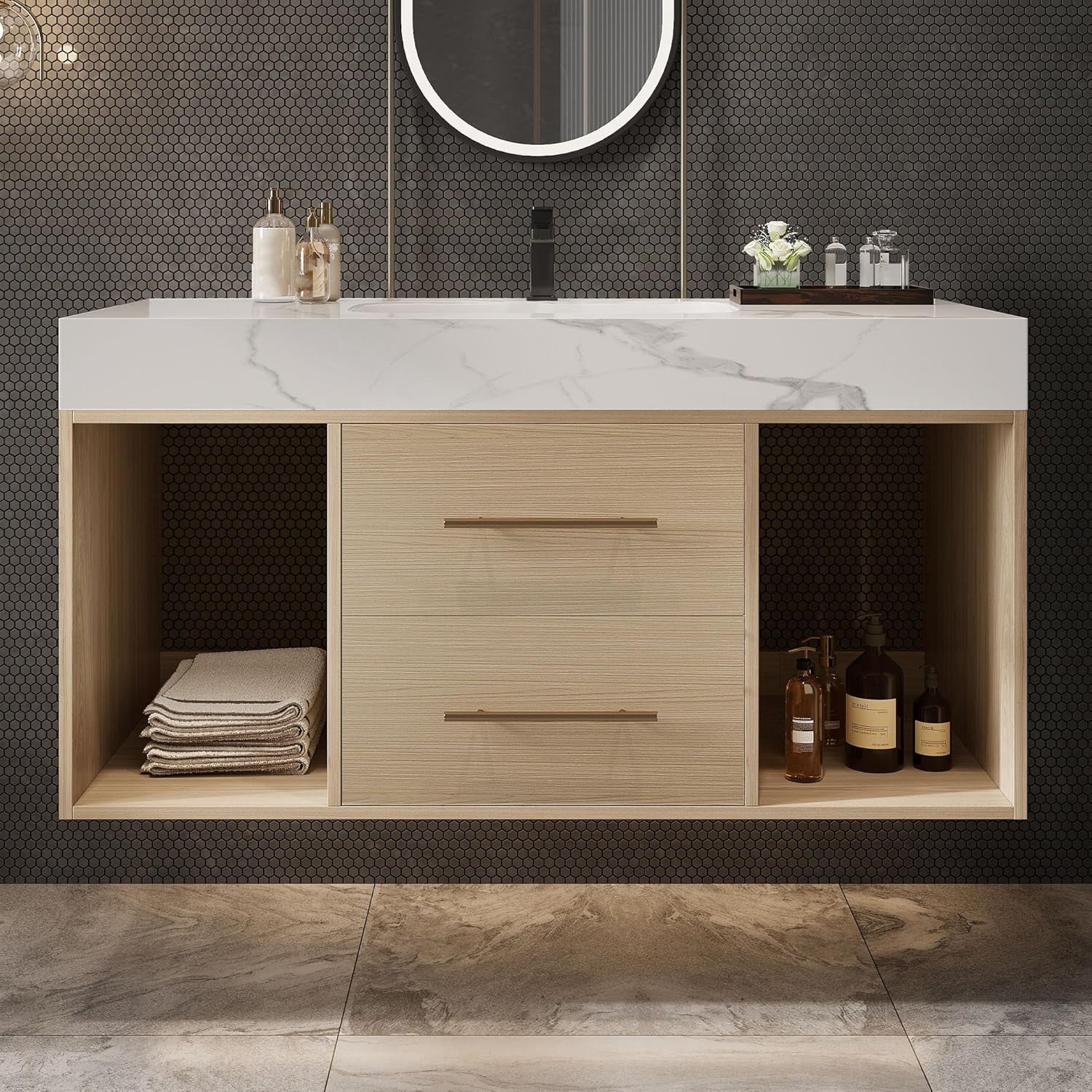 39.4'' Modern Floating Bathroom Vanity with Sink, Wall Mounted Bathroom Cabinet with Ceramic Sink, Sintered Stone Countertop, 2 Soft Closing Drawers & Open Storage Shelf, White+Wood