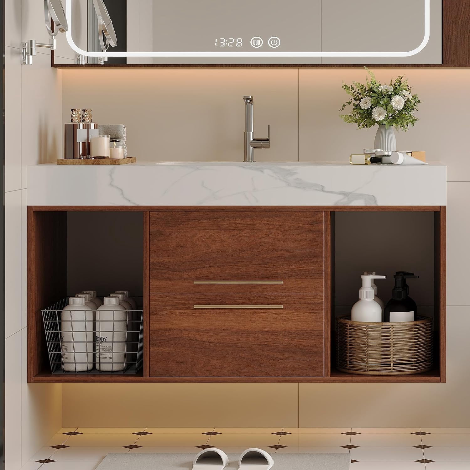 39.4 '' Modern Floating Bathroom Vanity with Sink, Wall Mounted Bathroom Cabinet with Ceramic Sink, Sintered Stone Countertop, 2 Soft Closing Drawers & Open Storage Shelf, Walnut