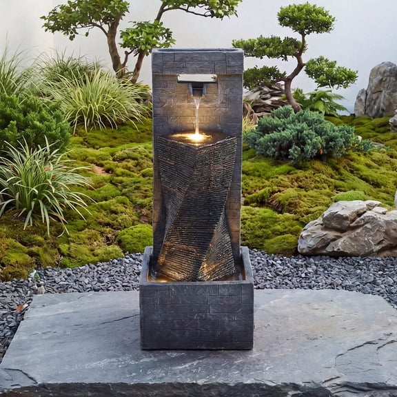 39.4" Modern Tower Water Fountain with LED Light, Low Noise & UV Weather Resistant, Freestanding Cascading Outdoor Indoor Water Feature, Weatherproof Resin Zen Garden Patio Decor