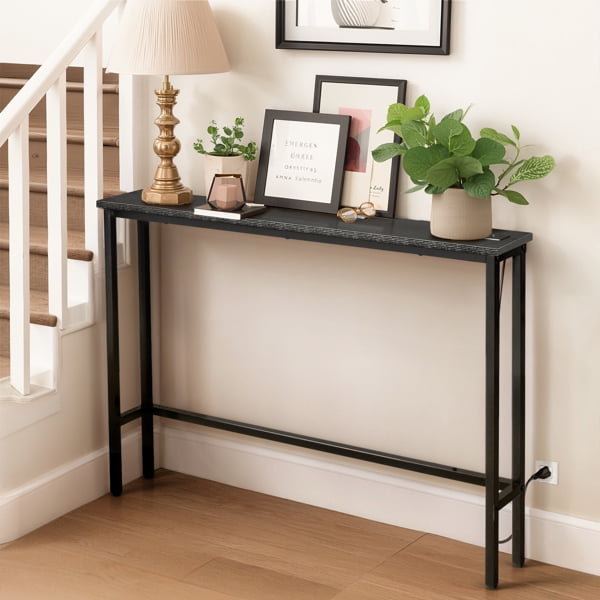 39.4" Narrow Console Sofa Table - Oak Wood & Black Metal, Adjustable Feet, Stable Metal Frame for Living Room, Behind Sofa, Apartments, Dorms