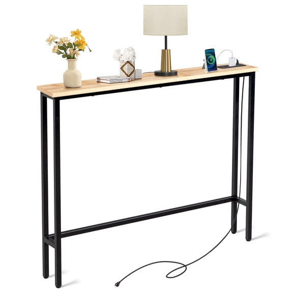 39.4" Narrow Console Sofa Table with Power Outlets and USB Ports, Skinny Couch Table with Metal Frame and Charge Station with 4.9ft Extension Cord, Oak