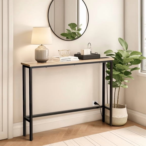 39.4" Narrow Console Sofa Table with Power Outlets and USB Ports, Skinny Couch Table with Metal Frame and Charge Station with 4.9ft Extension Cord, Oak