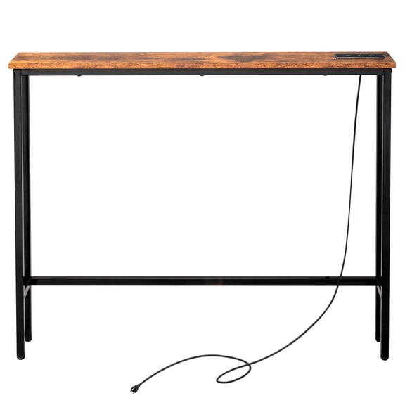 39.4" Narrow Console Sofa Table with Power Outlets and USB Ports, Skinny Couch Table with Metal Frame and Charge Station with 4.9ft Extension Cord, Rustic Brown