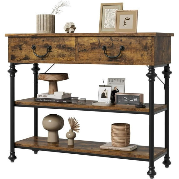 39.4" Narrow Console Table with 2 Drawers,Sofa Table,Small Entryway Table with 3Tier Storage Shelves,Behind Couch Table,for Living Room,Hallway,Brown