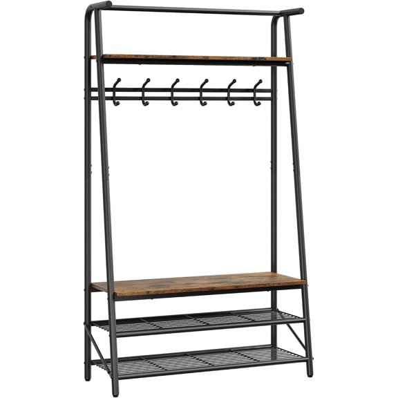 39.4" Narrow Hall Tree with Bench and Shoe Storage, 5 Hooks, Top Shelf & 2-Tier Shoe Rack, 70" Tall Entryway Coat Rack, Vintage Brown