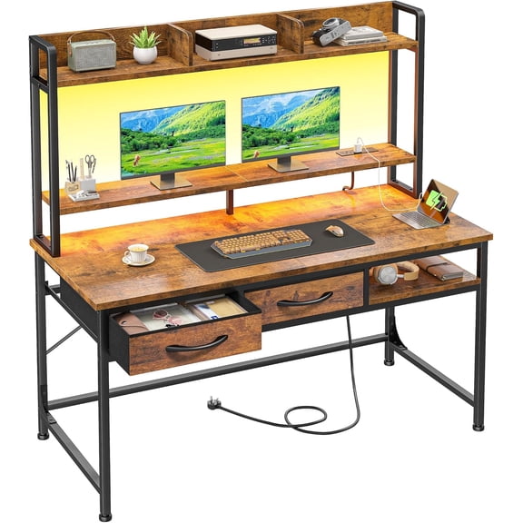 39.4"Office Desk with 2Drawers&Hutch,Computer Desk with Storage Rack&Monitor Stand,Gaming desk with LED&Power Outlet,Modern Study Writing Desk for Bedroom Home Office,Small Space,Rustic Brown