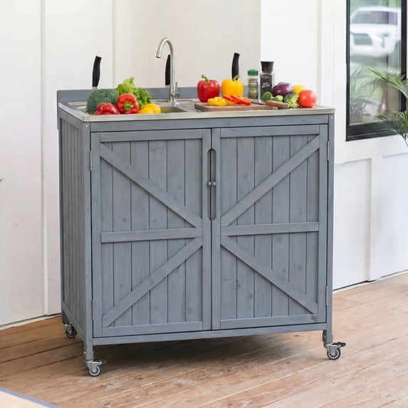 39.4" Outdoor Kitchen Island with Sink, Outdoor Kitchen Sink Station w/ 304 Stainless Steel Sink, Hose Hook Up & Faucet, Outdoor Kitchen Cabinet w/ Back Splash & 4 Wheels for Pizza Prep,Grey Blue