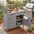 thumbnail image 1 of 39.4" Outdoor Kitchen Island with Stainless Table Top, Outdoor Storage Kitchen Cabinet with One Large Drawer, Adjustable Shelves, Internal Storage Racks & 4 Wheels for Pizza Prep, Grey Blue, 1 of 7