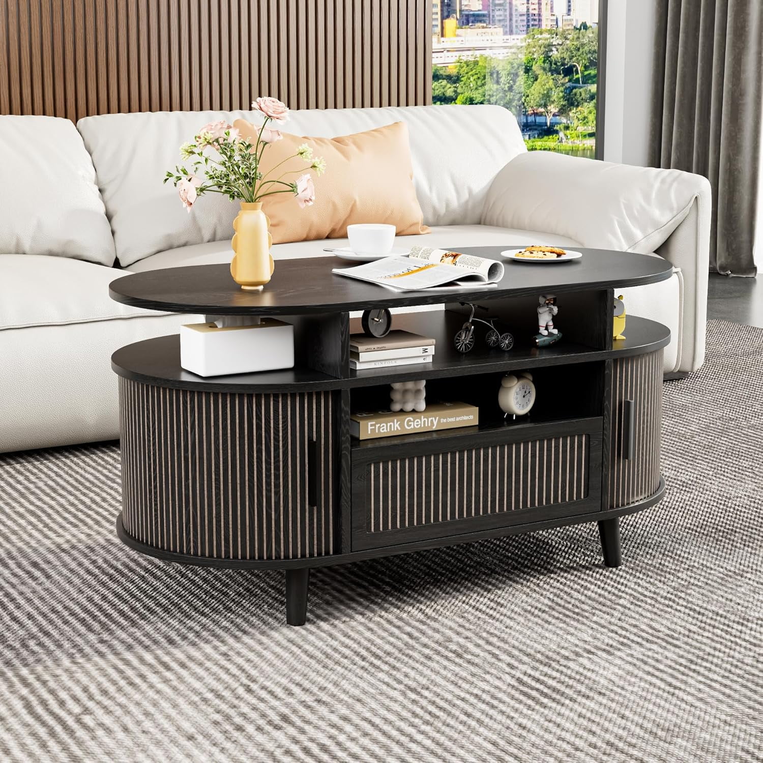 39.4" Oval Coffee Table with Storage,Mid Century Modern Center Tables ...
