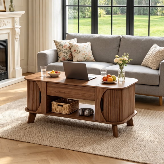39.4" Rectangle Lift Top Coffee Table, Fluted Center Table with 2 Sliding Tambour Door and 6 Hidden Storage for Living Room, Walnut