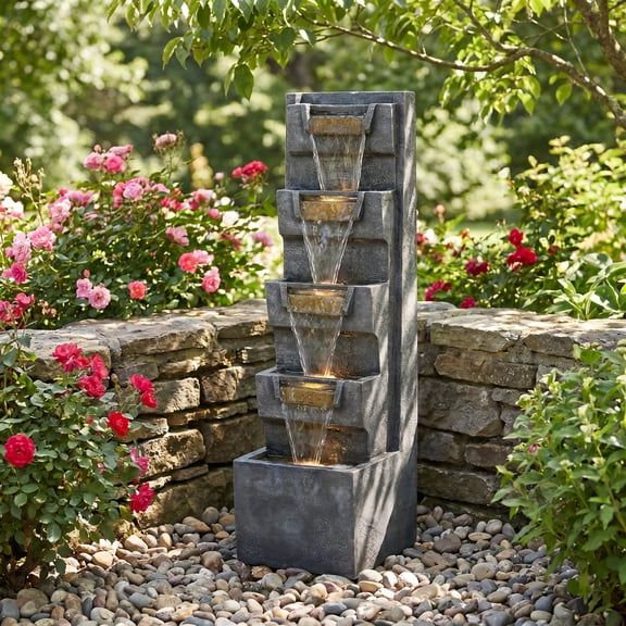 39.4" Resin Cascading Waterfall Fountain, 4-Tier Outdoor Water Feature with LED
