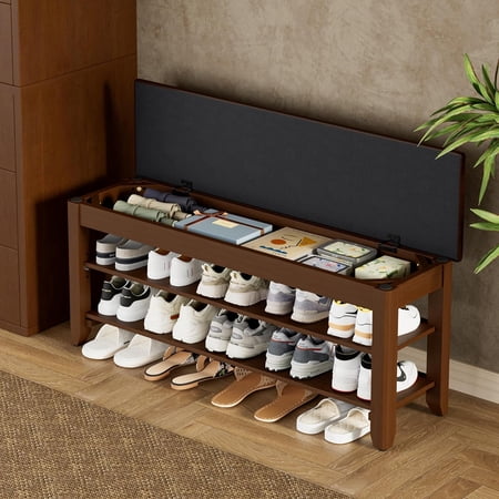 39.4" Rubberwood Shoe Rack Bench with Flip-Open Storage, 100% Solid Wood Entryway Bench with Cushion, Adjustable Shelf, Shoe Organizer for Hallway, Mudroom, Front Door, Closet, Walnut