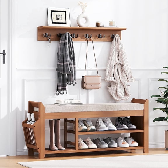 AOPEC 39.4" Shoe Bench with Coat Rack Hidden Drawer and Side Holder, 2 Tier Entryway Bench with Storage, Bamboo Shoe Rack with Cushion for Entryway Hallway Living Room Bedroom