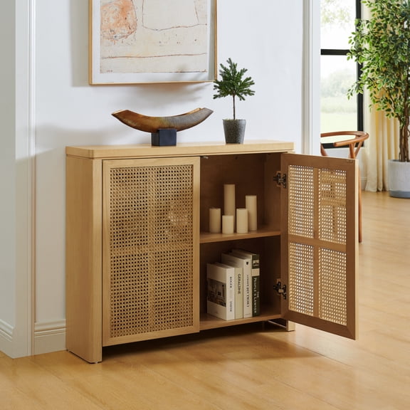 39.4" Small Sideboard Buffet Cabinet,Narrow Kitchen Storage Cabinet with 2 Rattan Doors,Mid Century Modern Thin Console Table for Living Room,Entryway