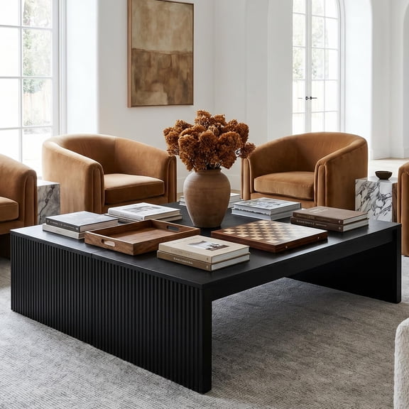 39.4" Square Fluted Coffee Table, Mid-Century Modern Black Center Table