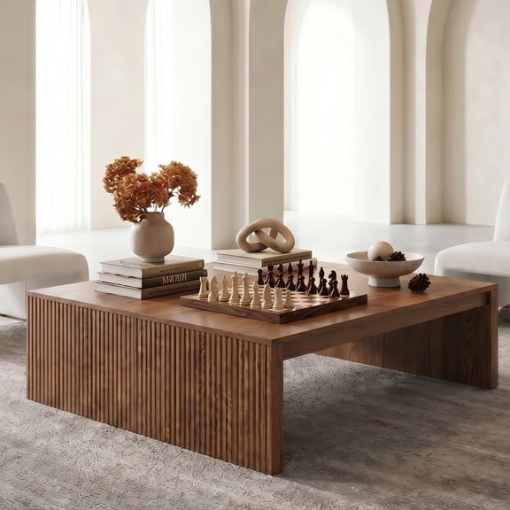 39.4" Square Fluted Coffee Table, Mid-Century Modern Brown Center Table