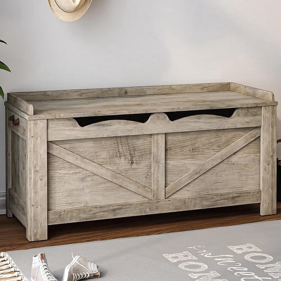 39.4" Storage Bench, Storage Chest, Lift-Top Storage Trunk with 2 Safety Hinges, Wooden Storage Box Chest Organizer for Bedroom, Entryway, Living Room, Greige