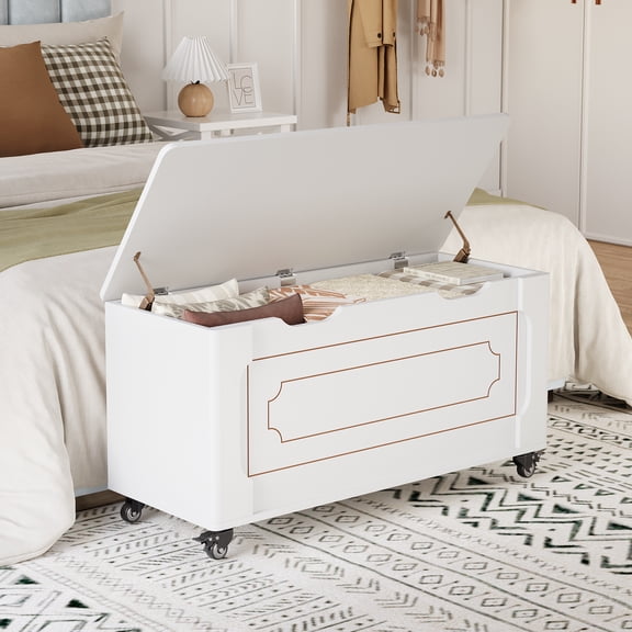 39.4" Storage Bench with Wheels, Wooden Blanket Chest with Safety Hinges & Rounded Corners, Heavy-Duty Storage Trunk for Entryway, Bedroom, White