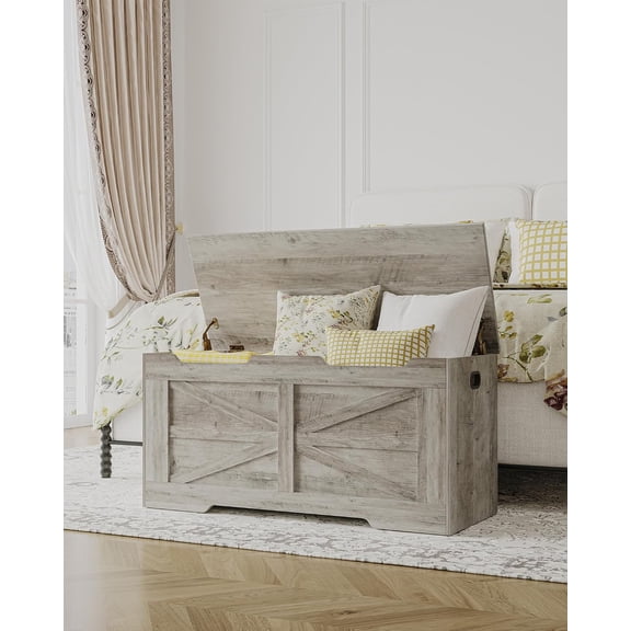 39.4" Storage Chest, Extra Large Storage Trunk with 2 Hinges, Wooden Box Bench, Lift-Top Organizer Chest, Shoe Bench for Entryway, Bedroom, Living Room, Greige SB03405X