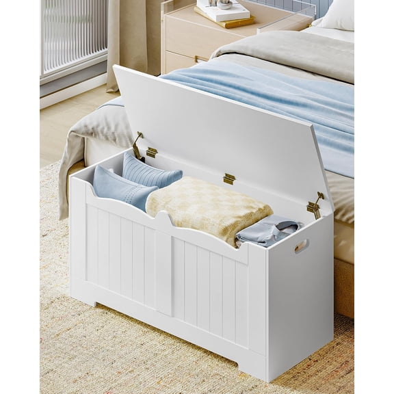 39.4" Storage Chest, Storage Bench Trunk with 2 Hinges, Wooden Box, Lift-Top Chest Organizer, Shoe Bench for Entryway, Bedroom, Living Room, White 01003XSB