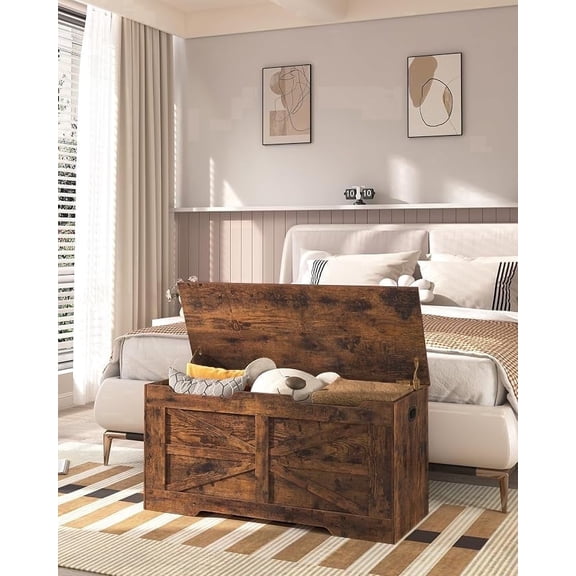 39.4" Storage Chest, Wooden Lift-Top Bench Trunk with 2 Hinges, Shoe Bench Organizer, Rustic Brown