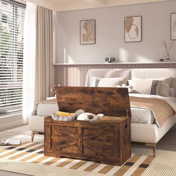39.4" Storage Chest, Wooden Lift-Top Bench Trunk with 2 Hinges, Shoe Bench Organizer, Rustic Brown