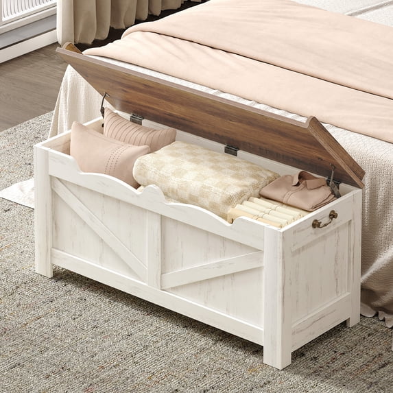 39.4 Inches Storage Chest, Storage Bench with Safety Hinge, Supports 330 lb and Easy Assembly, 50 Gal Toy Trunk for Entryway, Bedroom, Living Room, White and Brown