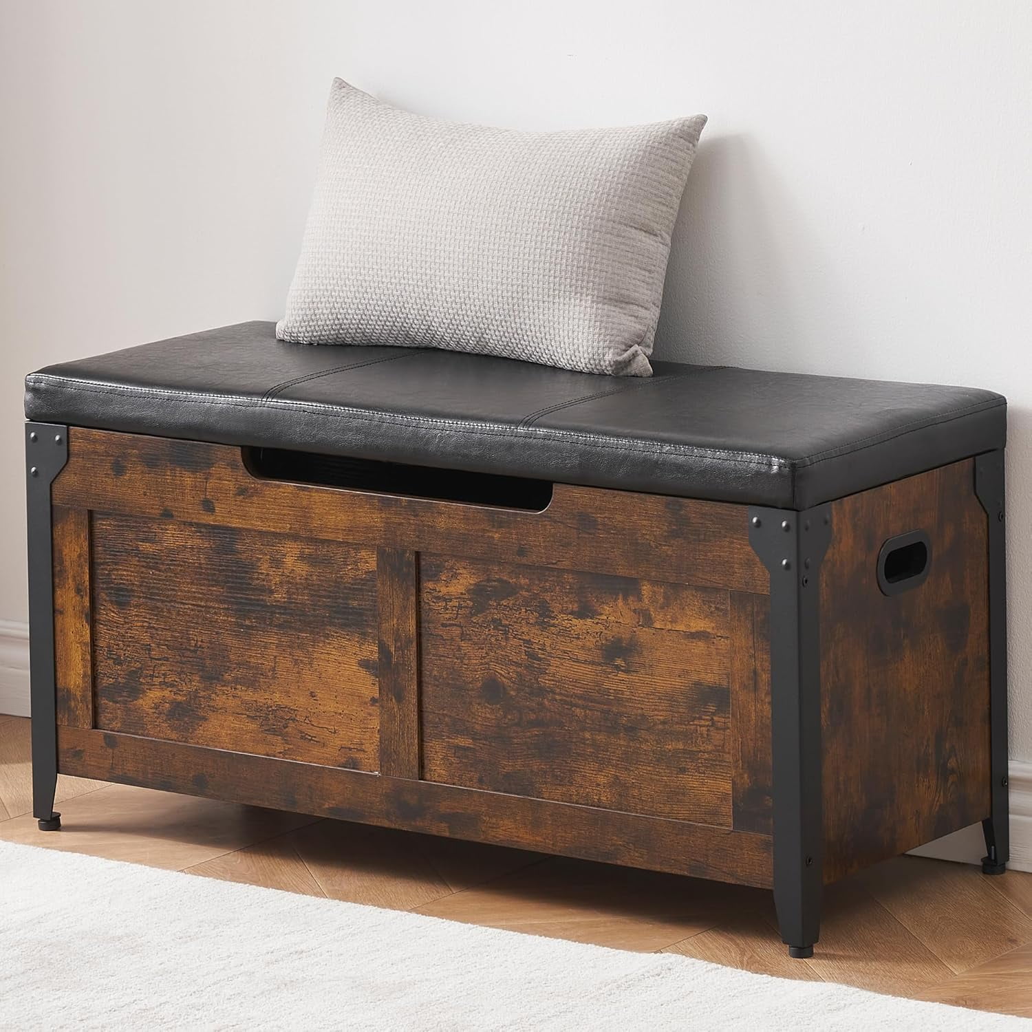 39.4" Storage Chest, Wooden Storage Trunk, Storage Bench with Safety