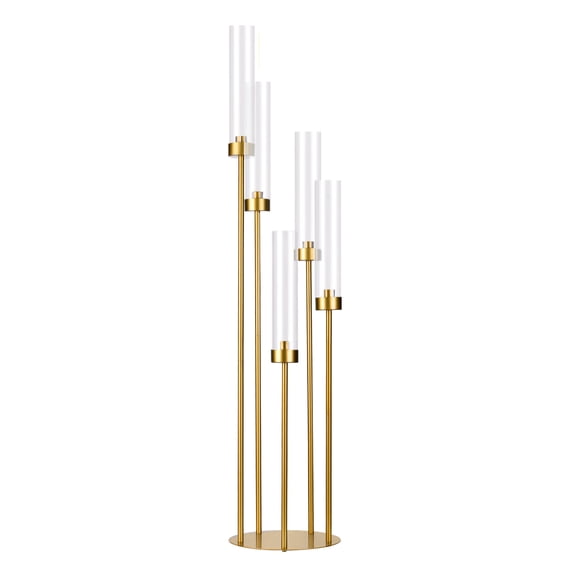 39.4" Tall 5-Arm Candelabra with Acrylic Lampshade, Wedding Table Centerpiece for Halloween Christmas Party & LED Taper Candles