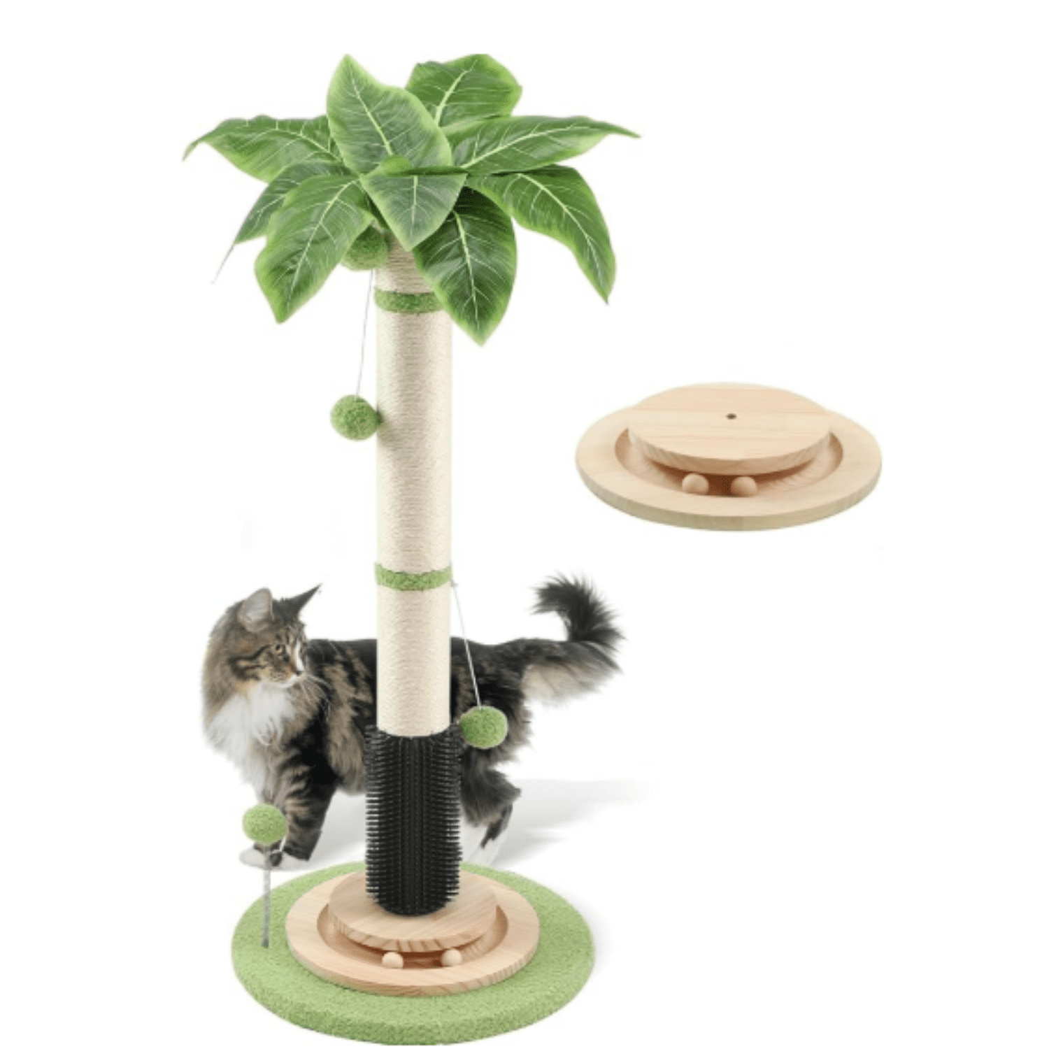 39.4'' Tall Cat Scratching Post,3.5 Inch Wide Sisal Rope Scratching Post for Indoor Adults Kittens,Cat Scratcher with Stable Solid Wood Base Interactive Ball Toys Self Groomer Brush for Large Cats