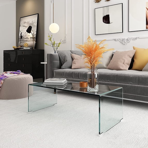 39.4'' Tempered Glass Coffee Table, Modern Rectangle Pure Clear Coffee ...