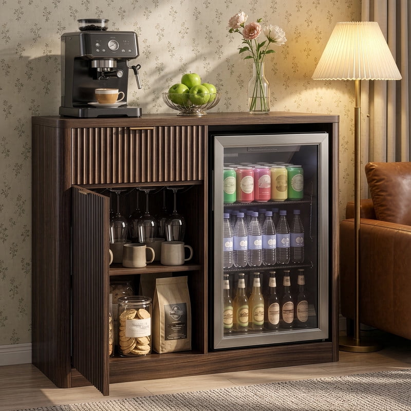 39.4"W Coffee Bar Cabinet with Small Fridge Space, Mini Liquor Storage Buffet Cabinet with Drawer & Charging Station