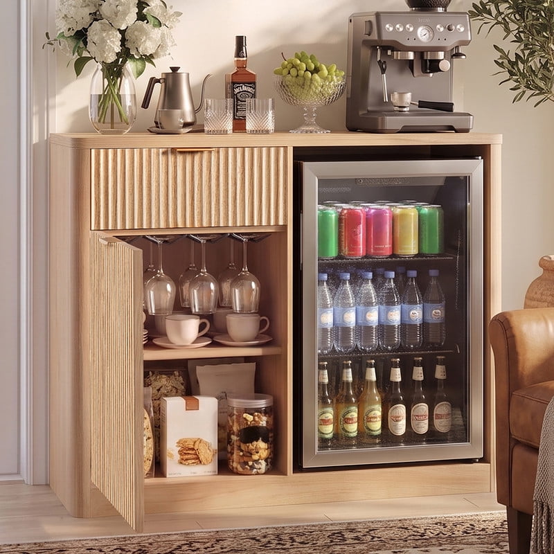 39.4"W Coffee Bar Cabinet with Small Fridge Space, Mini Liquor Storage Buffet Cabinet with Drawer & Charging Station
