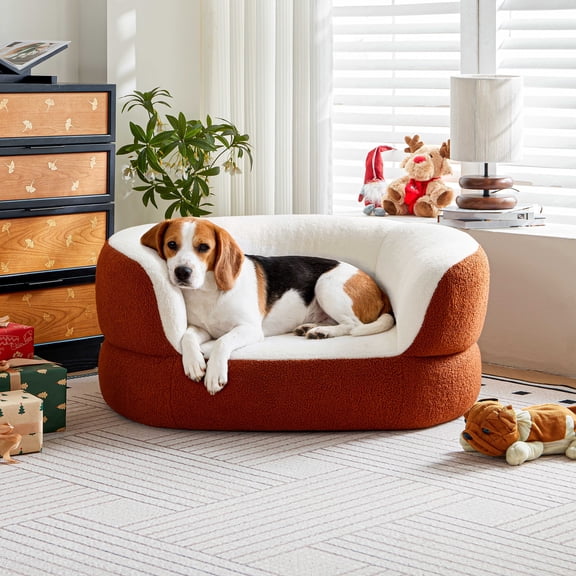 Faux Shearling Indoor Dog Bed Couch for Large and Medium Dogs under 70 lbs, Orthopedic Donut Round Elevated Furniture Pet Bed Sofa with High Backrest, No Assembly Required