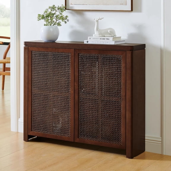 39.4" Walnut Boho Small Sideboard Buffet Cabinet, Thin Rattan 2-Door Kitchen Storage Cabinet, Wooden Console Table for Living Room Entryway