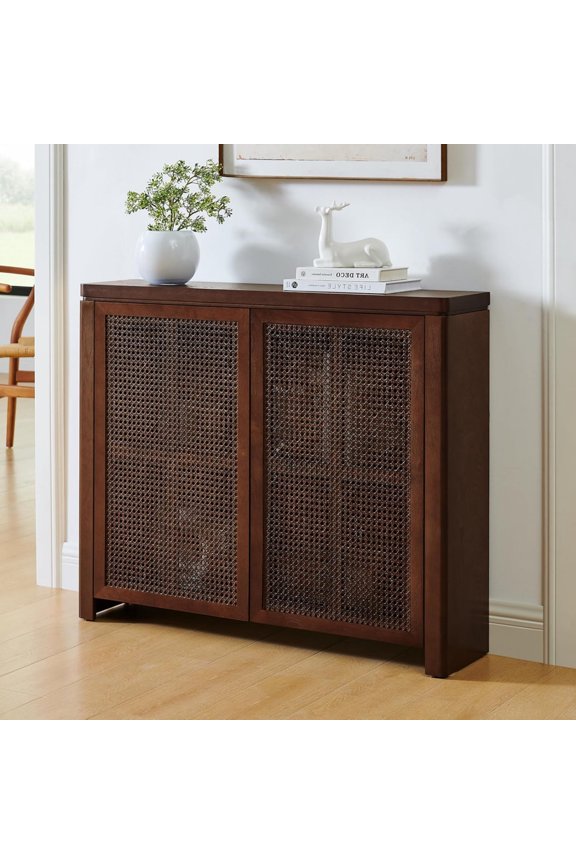 39.4" Walnut Boho Small Sideboard Buffet Cabinet, Thin Rattan 2-Door Kitchen Storage Cabinet, Wooden Console Table for Living Room Entryway