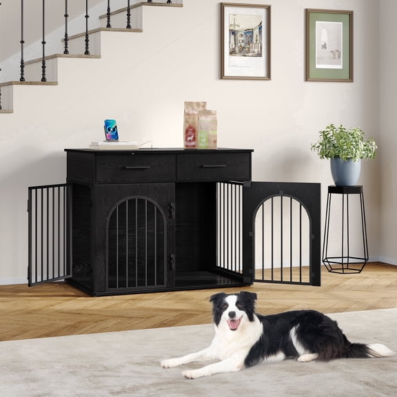 39.4" Wood Dog CrateTable,2 Drawers,Charging Station,for M &LDogs,Black
