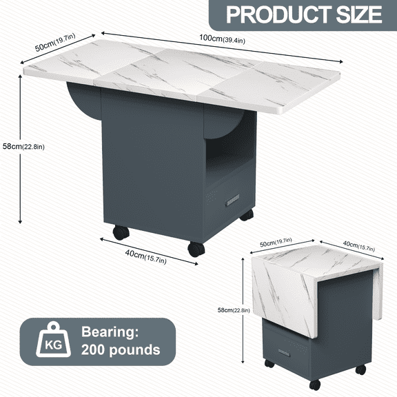 39.4" Wood Folding Dining Table with 4 Wheels, Wood Folding End Table with Wheels, Folding Dining Table with Storage Rack and 1 Drawers, Movable Kitchen Table Extendable Versatile Table Space Saving