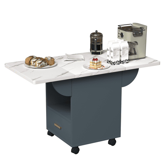 39.4" Wood Folding Dining Table with 4 Wheels, Wood Folding End Table with Wheels, Folding Dining Table with Storage Rack and 1 Drawers, Movable Kitchen Table Extendable Versatile Table Space Saving