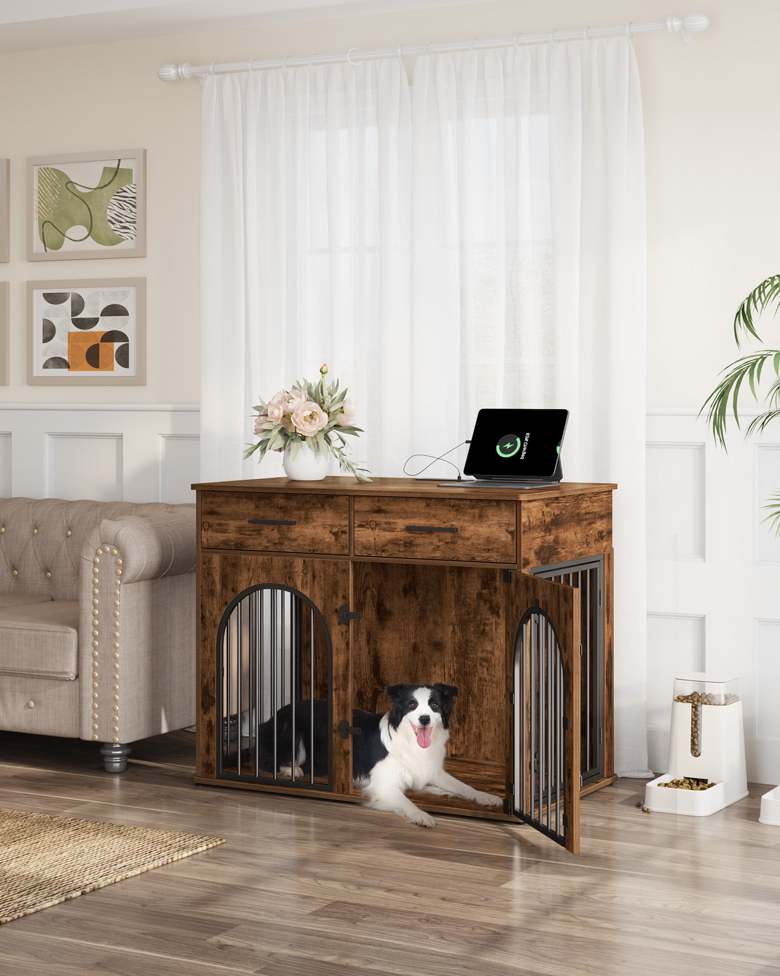 39.4"Wooden Dog Crate Furniture with 2 Drawers, Charging Station,for Medium/Large Dogs,Rustic Brown