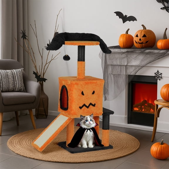 39.4-inch Halloween Cat Tree Tower for Indoor Cats with Cat Condo, Sisal Scratching Posts & Hanging Toys