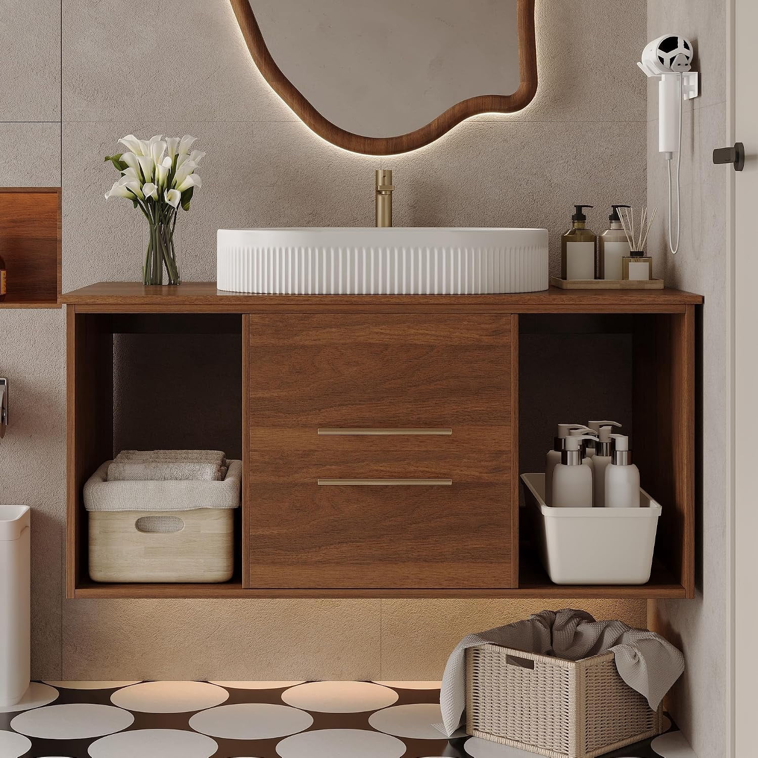 39.4 inch Modern Floating Bathroom Vanity with Sink, Wall Mounted Bathroom Cabinet with Oval Fluted Ceramic Sink, Wood Grain Counter Top, 2 Soft Closing Drawers & Open Storage Shelf, White+Walnut