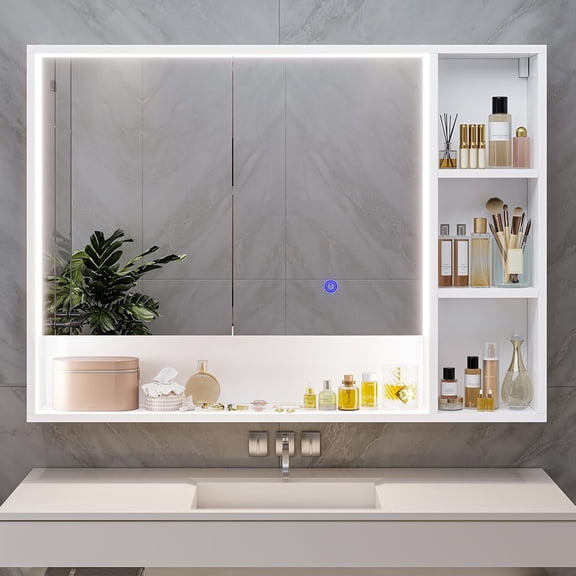 39.4 x 30.7 Inch Lighted Medicine Cabinet with Mirror and Shelves, Modern Bathroom Cabinet with Open Storage and Aluminum Channel LED Lights, White