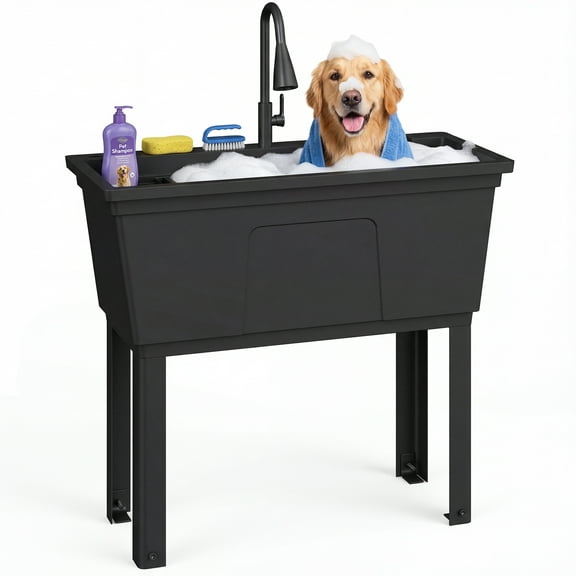 39.4"x23.6"x35.4" Utility Sink, Freestanding Double-Wide Utility Sink, Multi-Purpose Kitchen Sink with Stretchable hot and cold faucet, for Garage, Workshop, Home, Black