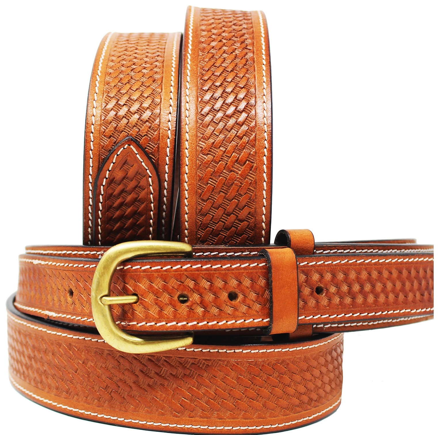 3940 Men's 11/2" Wide Tan Leather Basket Weave Tooled Ranger Belt
