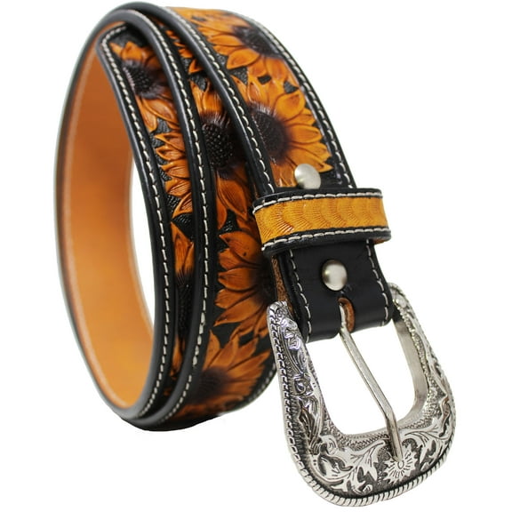 39-40  Men's 1-1/2" Wide Tan Leather Floral Tooled Casual Jean Belt 26FK18